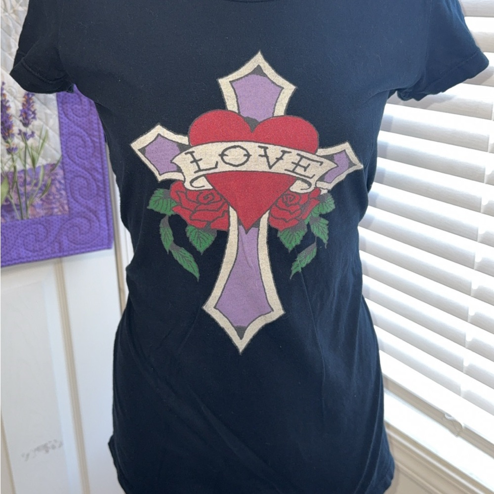 Ed Hardy Black Tee with Heart and Cross Design